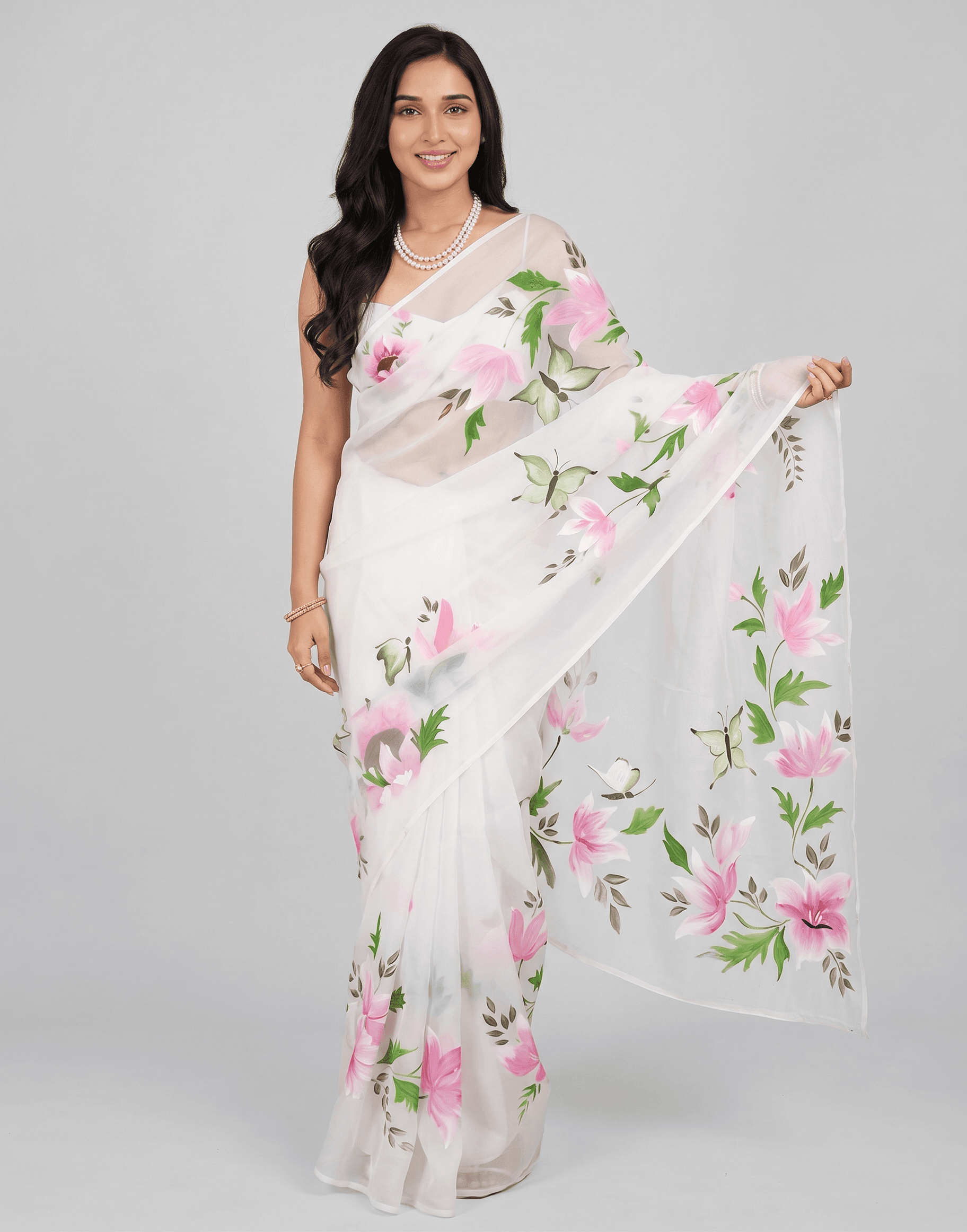 Premium White Georgette Leaf & Floral Printed Saree for Women | Includes Unstitched Blouse Piece