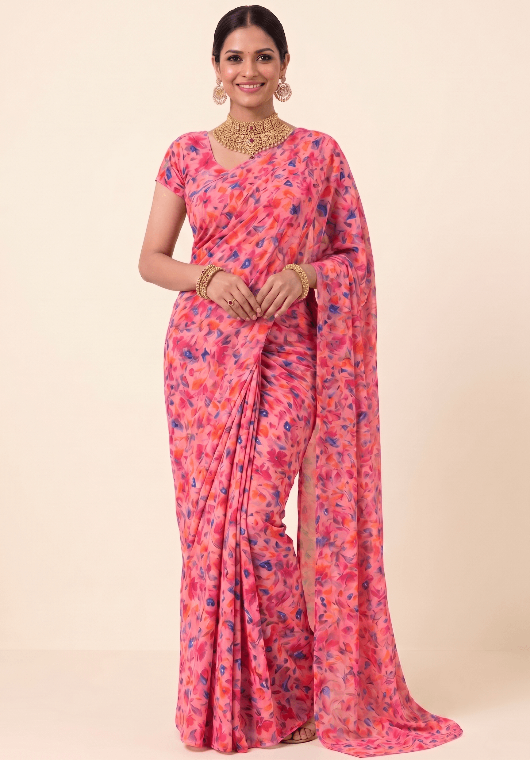 Women's Elegant Floral Printed Premium Georgette Saree with Blouse Piece (Light Pink/Multicolor)