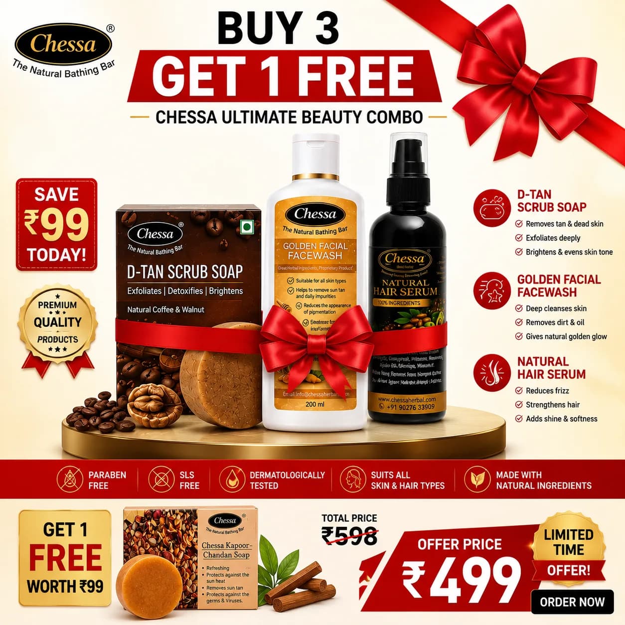 Chessa Beauty Care Combo Pack (4-in-1) | D-Tan Soap, Golden Facewash, Hair Serum + FREE Kapoor Chandan Soap | Save ₹99