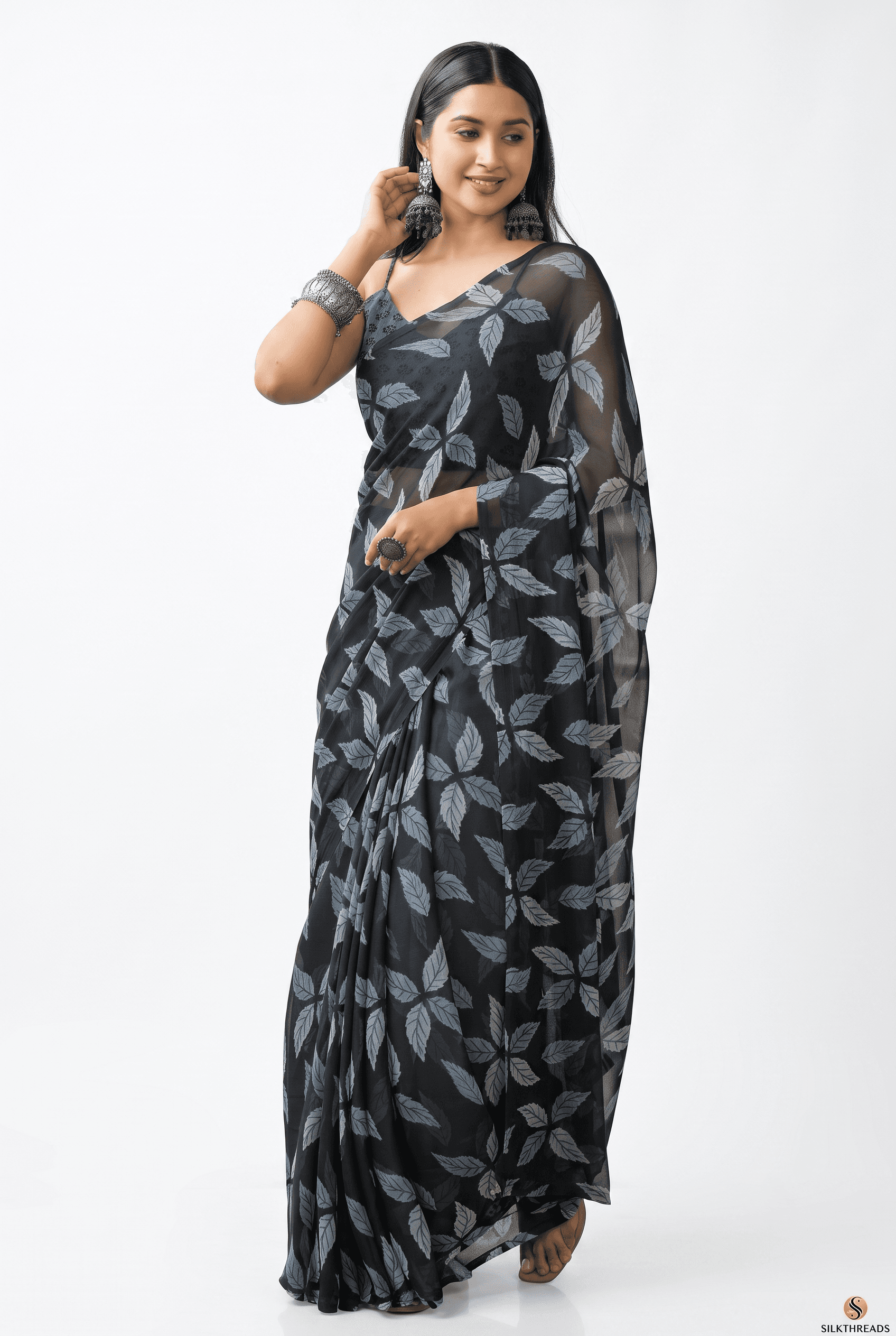Women's Georgette Floral Black Leaf Printed Premium Saree With Unstitched Blouse Piece | Leaf Pattern