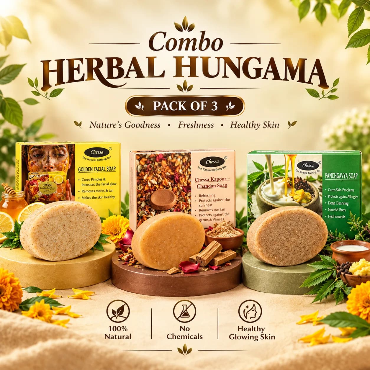 Chessa Herbal Hungama Combo | Golden Facial + Kapoor Chandan + Panchgavya Neem Soaps | 3 Soap Herbal Skin Care Combo