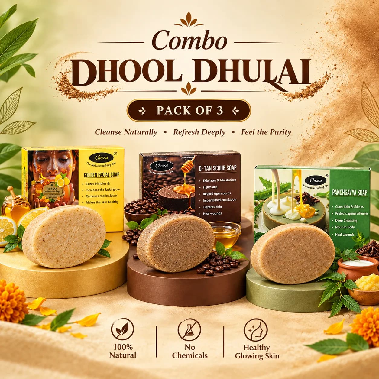 Chessa Dhool Dhulai Combo | Golden Facial + D-Tan Scrub + Panchgavya Neem Soaps | Pack of 3 Natural Cleansing & Glow Soaps